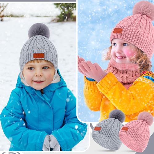 6 Pcs Kids Hat Scarf Gloves Set Girl Boy Pom Kid Winter Beanie Hat Mittens Gloves Neck Warmer Fleece Lining for 1T-5T3