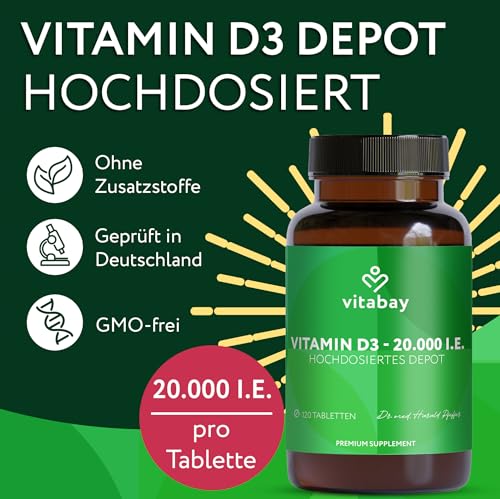 Vitabay Vitamin D3 Depot 20.000 I.E. – 120 vegane Tabletten – hochdosiert & vegan – ohne Zusatzstoffe – laborgeprüft – Vorrat für lange Zeit