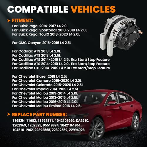 Image of 13592811 Alternator Compatible with GMC Canyon 2015-2016, Cadillac ATS CTS 2013-2019, Chevy Malibu Impala Colorado Camaro Blazer 2013-2020, Buick Regal 2014-2020, Replace 1042101960, 22892568