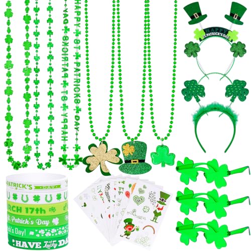 Zoyomax 218Pcs St Patricks Day Accessories Shamrock Glasses Necklaces Bracelets Tattoos Irish Decor Headbands Green Beads Saint Patricks Day Party Favors Decorations for Man Women