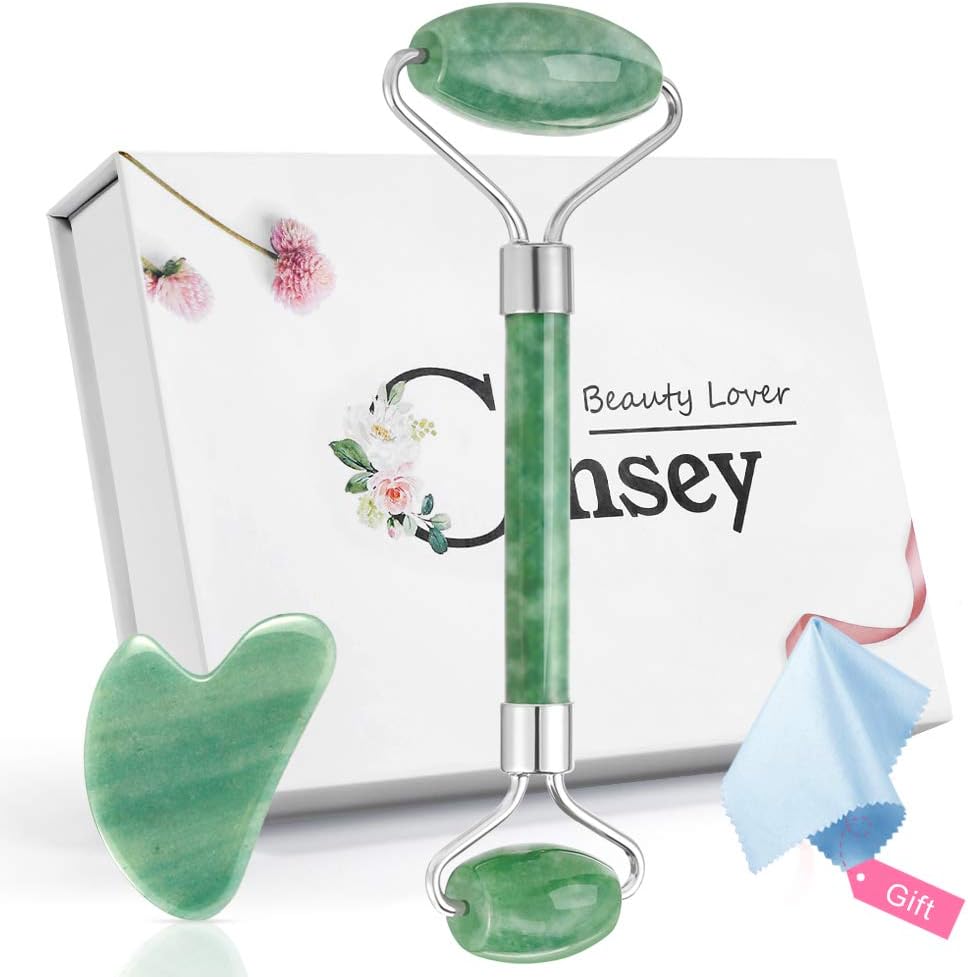 Jade Roller for Face Gua Sha Set Facial Natural Stone Massager Anti-Aging Roller Body Eyes Neck Lymphatic Drainage Tool Reduce Wrinkles Womens Gifts