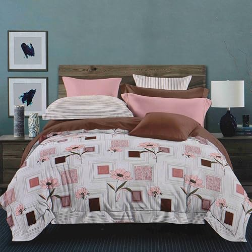 Image of Pure Source India Pure Cotton Elegance Bedding Set, Dreamy Cotton Comfort Double Bed Sheet with Pillow Covers (Baby Pink Square Flora)