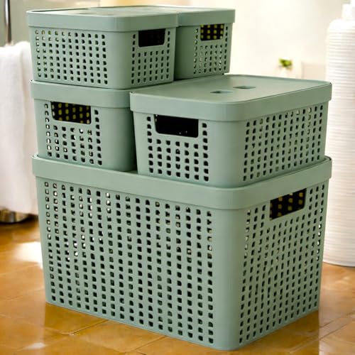 Kit 5 Caixas Organizadoras com Tampa Plástico Resistente Multiuso Armário Cozinha Lavanderia (VERDE)