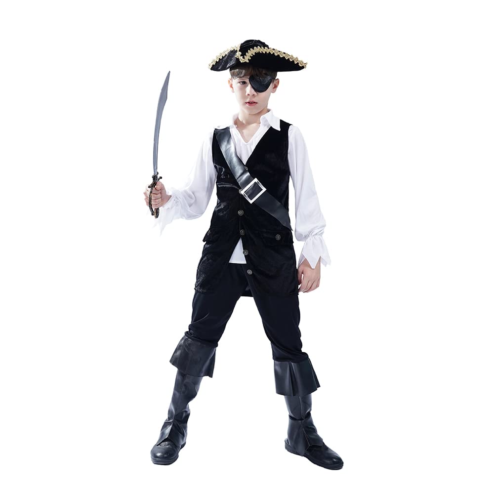 Dsplay Boys Pirate Costume Cosplay Kids Deluxe Buccaneer Clothing Role Play Child Halloween Party (10-12 years)