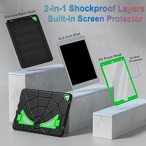 Image of Case for 10.2 Inch iPad 9th / 8th / 7th Generation (2021 /2020 /2019) - Heavy Duty Shockproof Protective Cover With Stand for Kids, Spiderman Theme, Black+Green