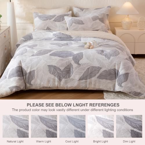 Image of Tufted Fleece Comforter Set Queen- Super Soft Warm Fluffy Shaggy Bedding Sets, Leaves Jacquard Bed Set for Winter, 1 Sherpa Comforter with 2 Pillow Cases (90 inchX90 inch Grey Leaf)