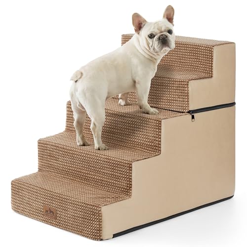 Image of COZY KISS Dog Stairs for Small Dogs, 5 Step Pet Stairs for Beds & Couches | 23.6 inch Extra Wide Non-Slip Dog Steps with Removable Tiers & Support Board for Puppies, Older Cats & Dogs, Light Brown