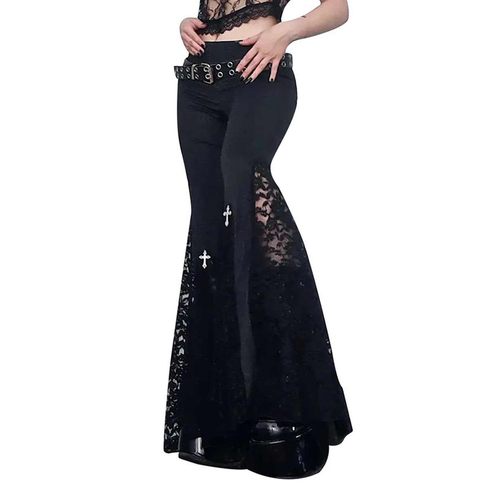 Gothic-Spitzen-Flare-Hose, Schnürung, Patchwork, schmale Hose, modische Bandage, seitlich durchsichtig, europäischer Stil, lässige Schlaghose, Damen-Style6-L