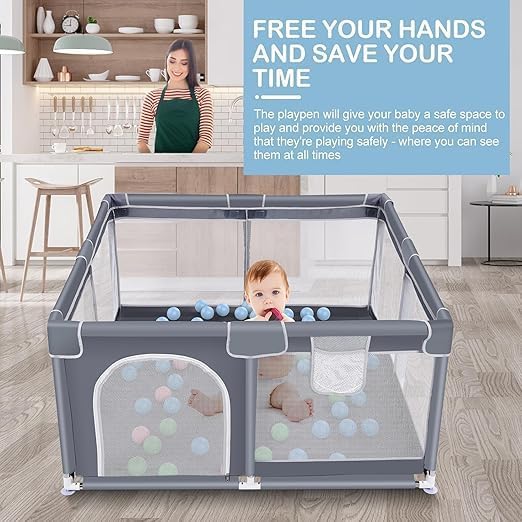 Image of Baby Playpen with Balls - Portable Play Yard with Mesh Panels for Safety & Visibility, Indoor /Outdoor Toddler Activity Fence for Boys & Girls (Gray)