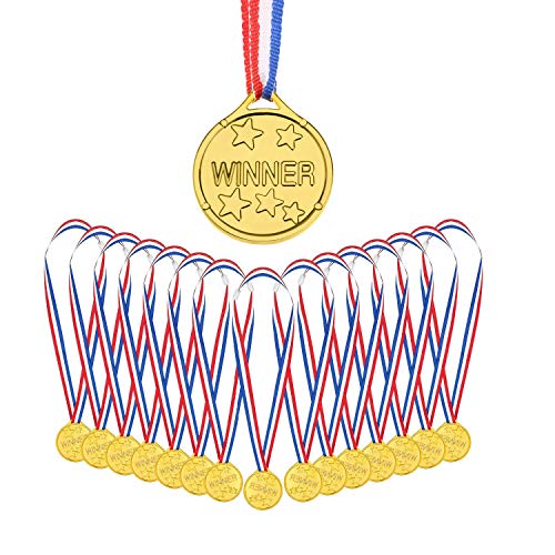 AUERVO 25 Pieces Gold Plastic Winner Medals Kids Childrens Party Award Medals with Neck Ribbons for Kids Sports Prizes Party Favors