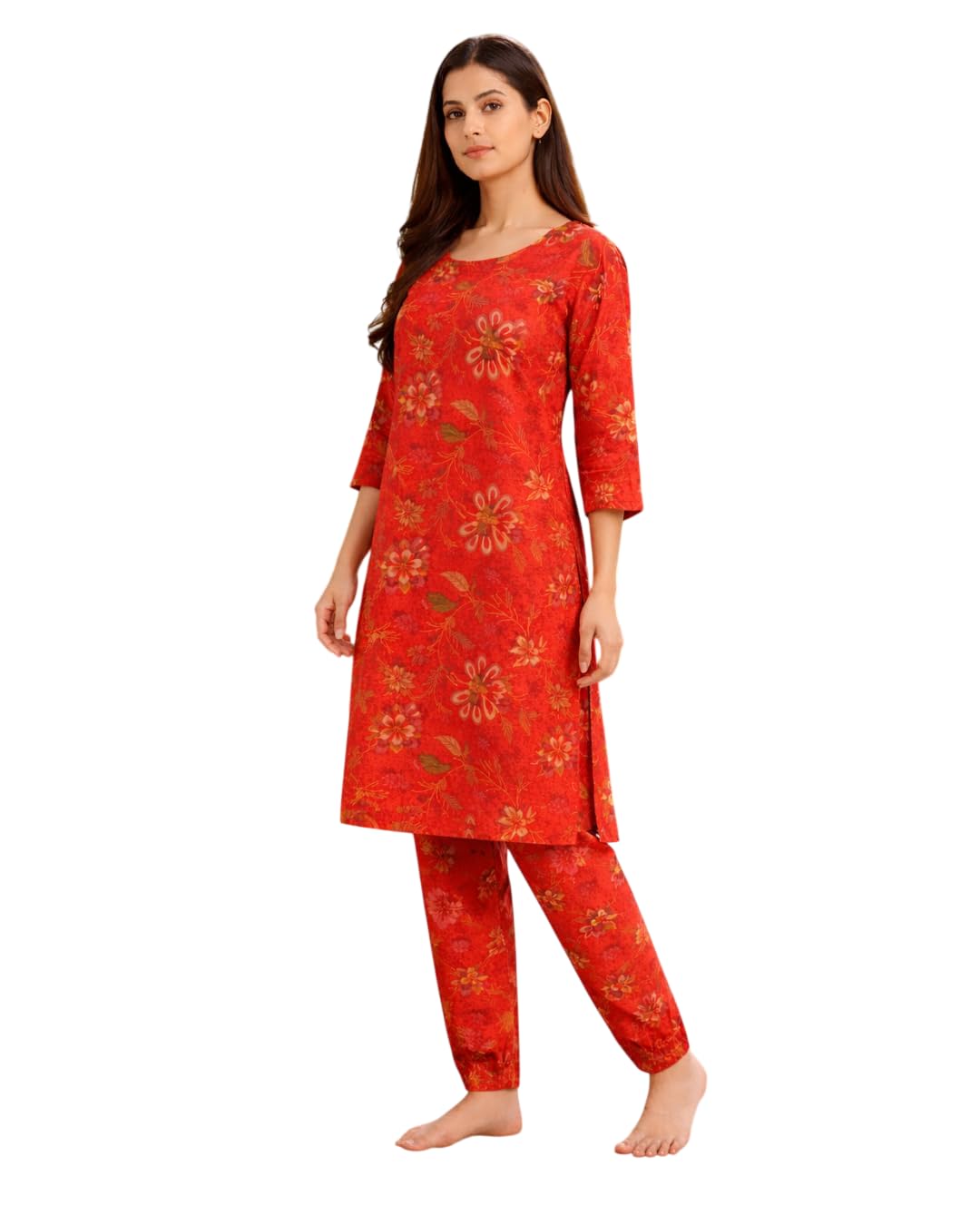 Floral Printed Cotton Kurti Pant Set for Women | Straight Fit Ethnic Wear Suit Set | Multicolor-image-11