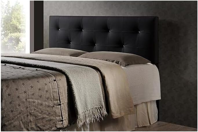 HomeStock Artistic Accomplishment Modern and Contemporary Queen Black Faux Leather Headboard with Faux Crystal Buttons Black/King