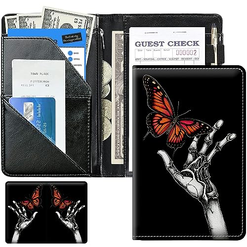Hand Skull Cute Server Books for Waitress, Leather Waiter Book Server Wallet with Zipper Money Pocket, 5 * 8 Waitress Ticket Book Holder Restaurant Waitstaff Organizer with Pen Holder Fit