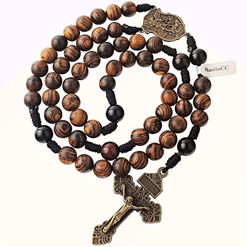HanlinCC 10mm Handmade Solid Wood Beads with Agate Stone Our Father Beads Catholic Rosary Necklace for Men with St.Michael Center Piece and Pardon Crucifix3