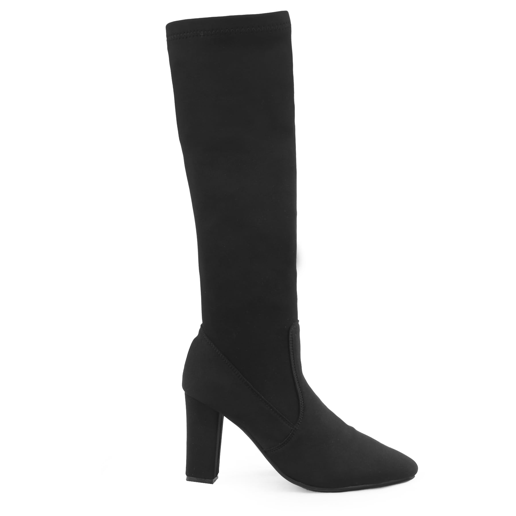 yuvrato baxi Women's 9 Cm Block High Heel Height, Faux Leather Material Black Casual Formal Slipon Sock Fit Knee-Length Boots-picture-21
