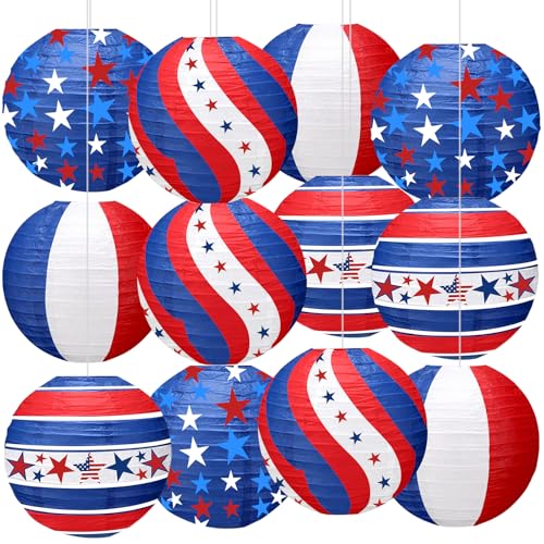 4th of July Paper Lanterns, 12 PCS Independence Day Hanging Paper Lanterns Indoor Outdoor, Red White and Blue Patriotic American Stars and Stripes Lanterns Memorial Day Decorations.