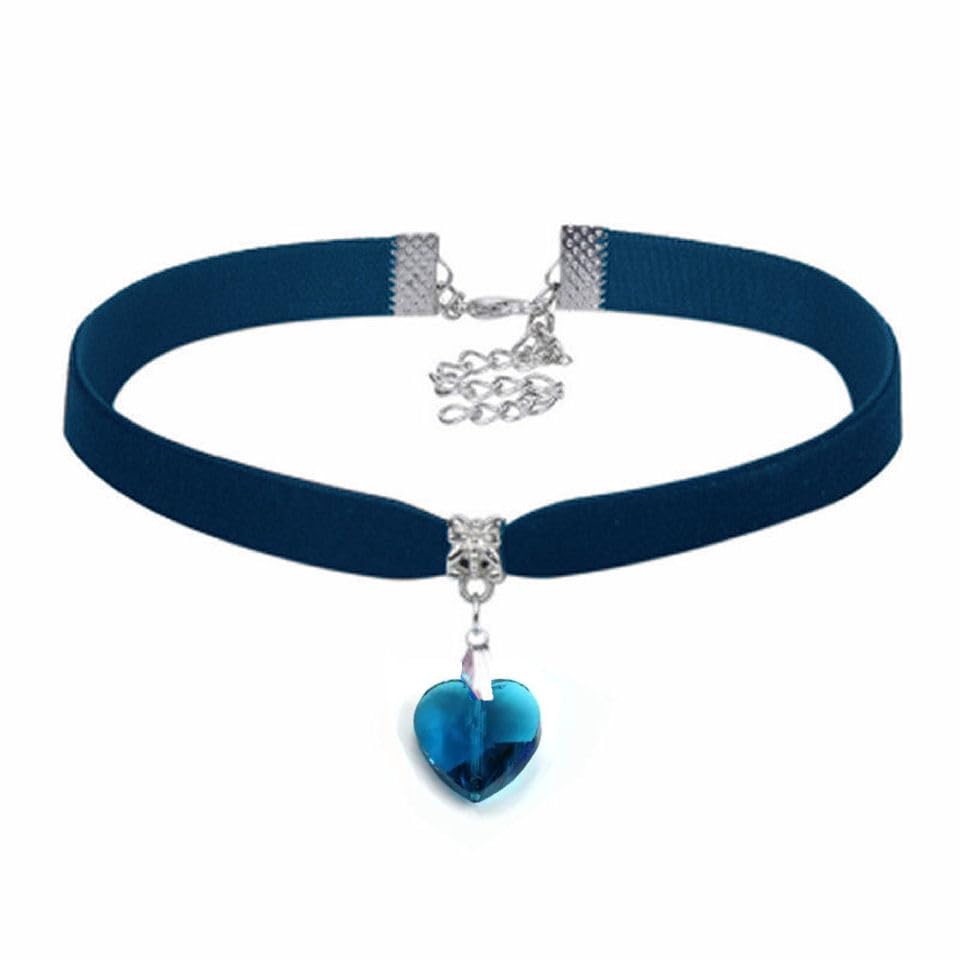 Gothic Choker Necklace - Navy Blue Velvet and Teal Blue Heart Shaped Gem, Women's Jewellery, Halloween, Fancy Dress