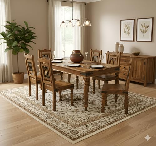 Image of Loonart Solid Sheesham Wood 6 Seater Dining Table Set | Antique Four Seater Wooden Dining Set with Chairs | Handmade Furniture for Home Kitchen & Dining Room (Honey Finish)