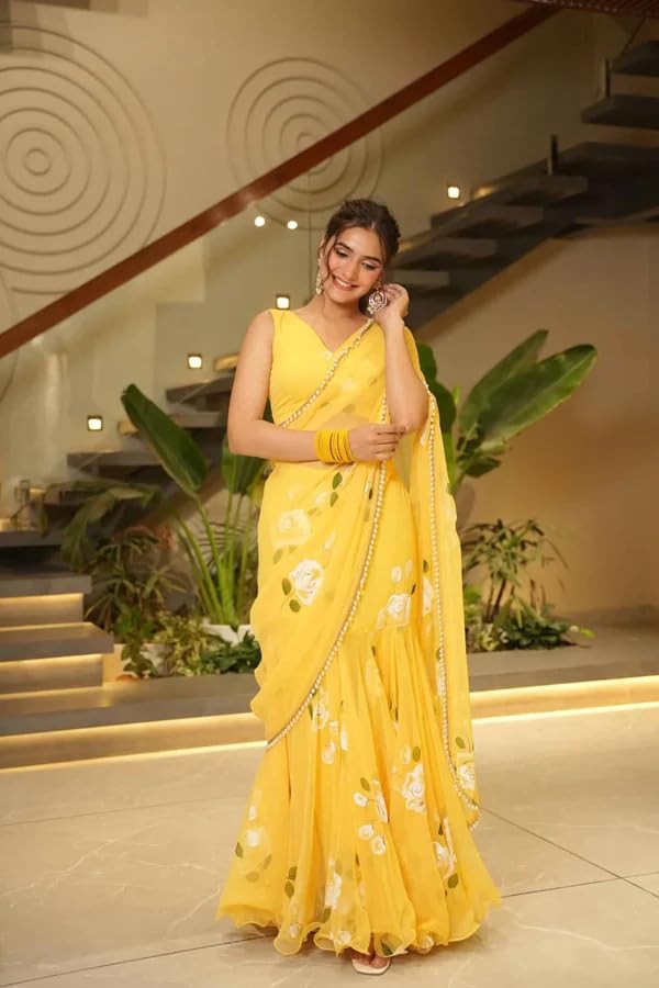 Image of Women's Floral Print Ruffle Saree, Yellow, Soft Georgette, with Blouse Piece, Party & Festive, Wear