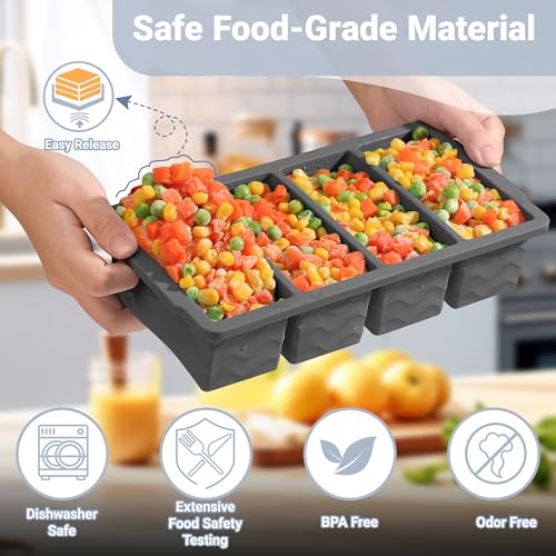 Image of Silicone Freezer Trays with Lid for Soup, 1-Cup & 2-Cup Large Ice Cube Molds Food Storage Containers for Meal Prep, Freeze 500mL /250mL /125mL Portions - 2 Pack