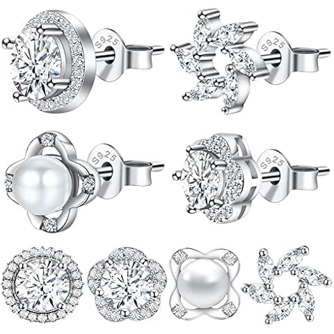 Silver Stud Earrings for Women, 4 Pairs 925 Sterling Silver Stud Earrings Set, Hypoallergenic Small Sleeper Cartilage Studs Cubic Zirconia Stud Earrings for Women Girls Cover