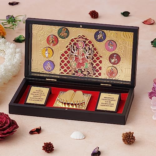 Image of 24K Gold Plated Religious Frame Photo Frame with Charan Paduka Return Gifts for Home Puja Office (NAV DURGA)