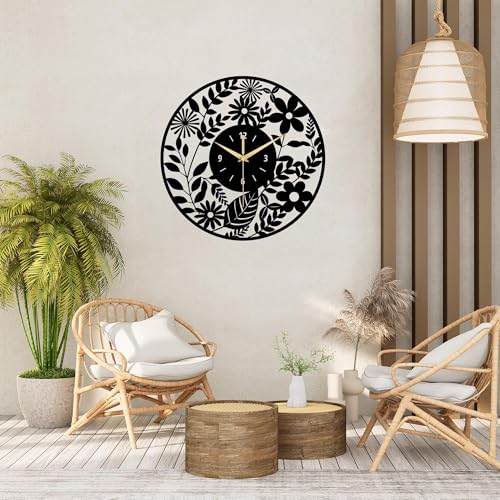 Image of Metal Wall Clock for Living Room, Bedroom, Office, Kitchen, Home and Hall, Stylish Designer Big Size Modern Wall Watch for Home Decor Black (Floral, 40 CMS)