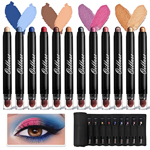 12 PCS Eyeshadow Stick Sets with Smudge Proof Eyeshadow Primer Base, Waterproof Glitter Eyeshadow Pen with Soft Brush, Cream Eye Shadow Stick Makeup, Shimmer and Matte Eyeshadow Pencil Crayon