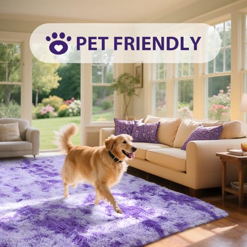 8x10 Purple White Rug Fluffy Living Room Rugs Girls,Plush Soft Fuzzy Area Carpet Non Slip for Bedroom Nursery Kids Girlie Elegant Home Decor Aesthetic