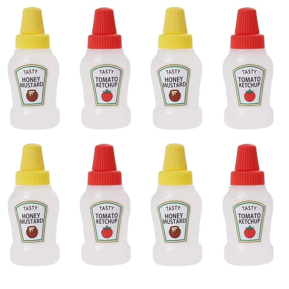 4Pair Red Yellow Mini Ketchup Bottles, 25ml Refillable Condiment Squeeze Bottle Salad Dressing Tomato Ketchup Mayo Syrup Squeeze Containers for Kids
