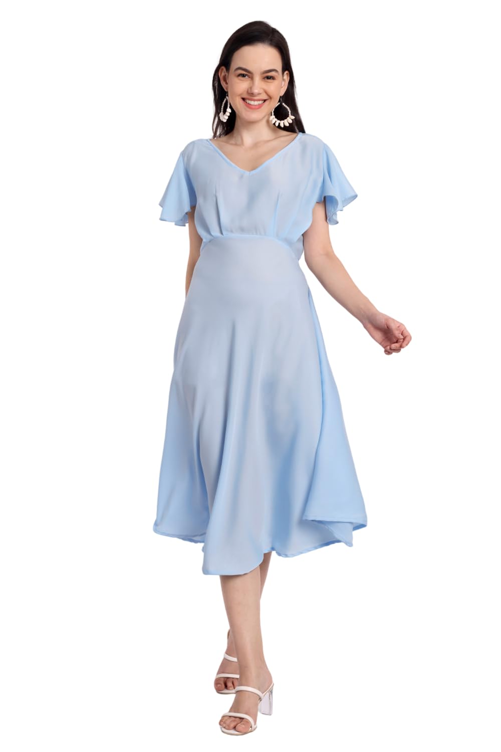 ElanmateWomen's Polyester Satin V-Neck Bell Sleeves Solid Dress|One Piece(1256-Dress)