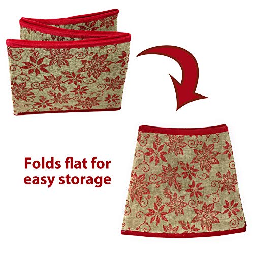 New Traditions - Burlap Stand Band Christmas Tree Collar with Glitter Poinsettias - Tan/Red - Thumbnail 5