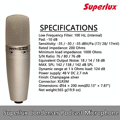 Image of Superlux Large-Diaphragm Condenser Microphone, Multi-Pattern Studio Mic (Cardioid, Omni, Figure-8) 1 inch Capsule, Transformer Output, 30Hz-20kHz, Champagne Silver + Case