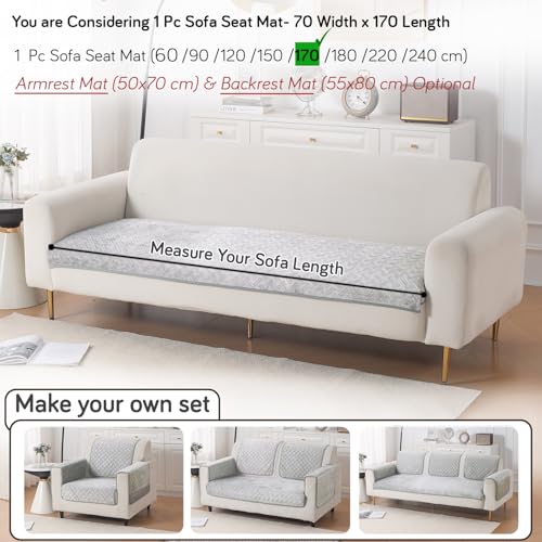 Image of HOKIPO Velvety Quilted Anti-Slip Sofa Cover Mats for L-Shape & 1 /2 / 3 Seater Sofa |DIY Sofa Cover Set, 'Softline Quilted Series' 70(W) x 170(L) cm | Ice Grey (AR-6317-LGRY)