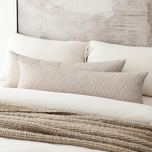 Foindtower Set of 2 Decorative Long Body Lumbar Throw Pillow Covers Vintage Accent Farmhouse Cushion Covers Neutral Home Decor for Sofa Couch Chair Bedroom Living Room,14×36 Inch,Ivory Beige