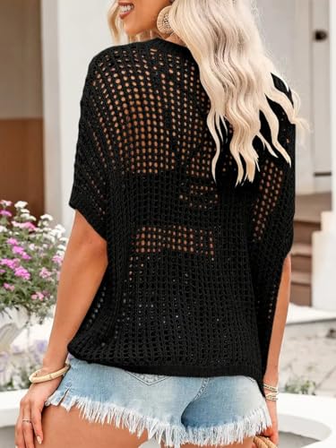 Short Sleeve Crochet Sweater Casual Beach Cover up Off Shoulder Summer Tops Loose Hollow Out Knit Tops Crewneck Pullover2