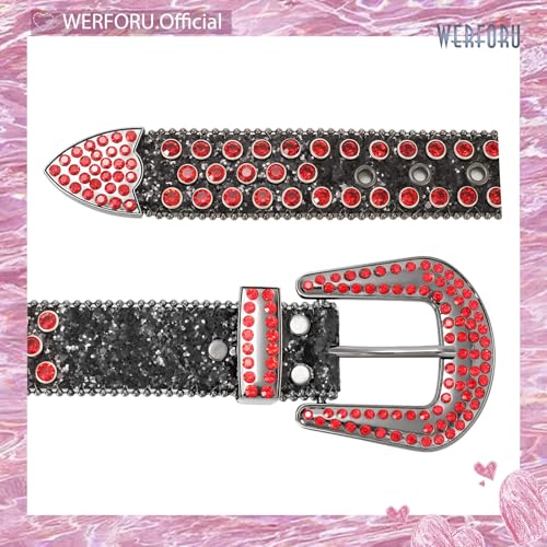 Image of WERFORU Women Men Western Rhinestone Studded Leather Belt Unisex Bling Cowgirl Cowboy Waist Belt for Jeans Pants Dress