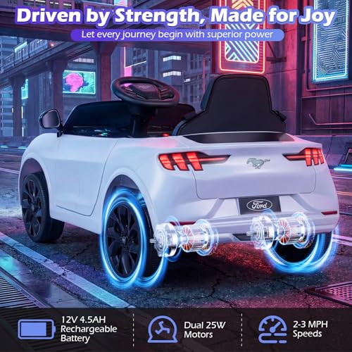 Image of Costzon Ride on Car, 12V Licensed Ford Mach E Kids Electric Vehicle with Parent Control, LED Lights, Horn, Music, Wireless Connection & Spring Suspension, Kids Car Toy for Girls Boys (White)