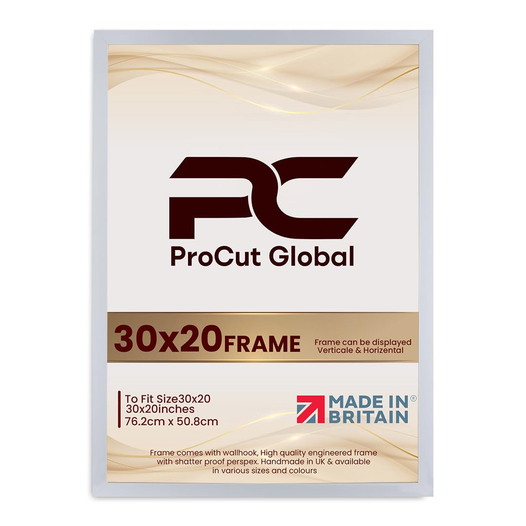 Procut Global 30X20 White Picture Frames - Modern Wooden Photo Frame with Shatterproof Perspex for Wall or Tabletop - Perfect for Posters, Certificates, Prints - Sizes & Colors Available