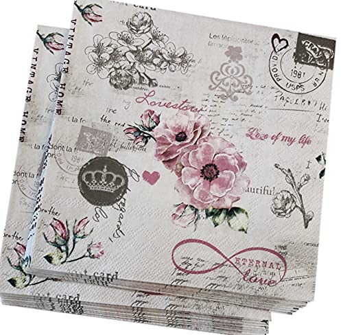 AVEVER Floral Napkins Eternal Vintage Napkins Decoupage Paper Napkins Floral Paper Napkins Decorative Napkins Pretty Pink Napkins, White, Pink, Gray, 6.5 x 6.5 x 1 inch (13313890)