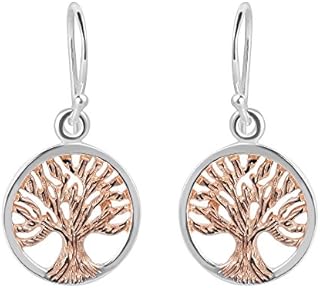 Two Tone Tree of Life Rose Gold Over Silver Dangle Earrings