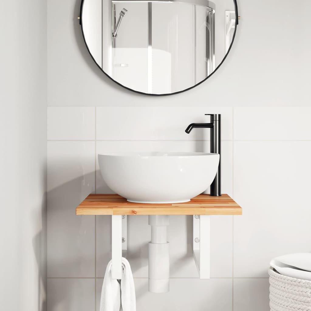 Estantería para lavabo de pared de acero y madera de acacia, 50 x 50 cm, 2 soportes, ahorra espacio, resistente, para cuarto de baño y uso de muebles de baño