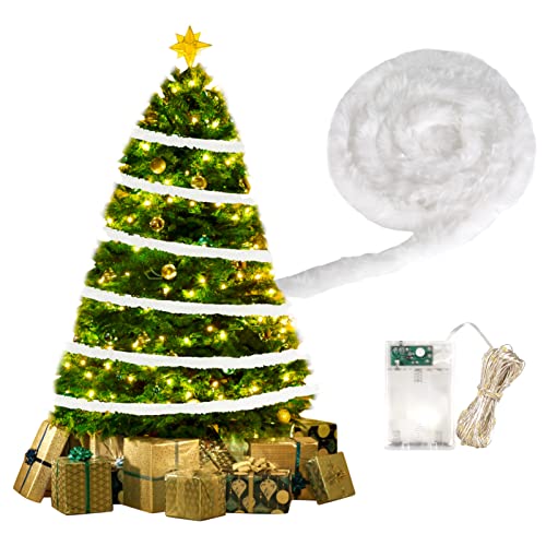 40ft White Faux Fur Trim with 33ft String Light, 1.57?W Christmas Tree Trimming Ribbon Artificial Plush Fur Stripe Ribbon White Furry Winter Home Decor Garland for Xmas Tree Making Craft Costume