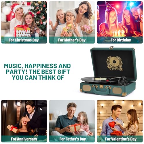 Image of Vinyl Record Player Bluetooth Turntable 3-Speed Suitcase Portable Vintage Belt-Driven Record Player with Speakers RCA Line Out AUX in Headphone Jack