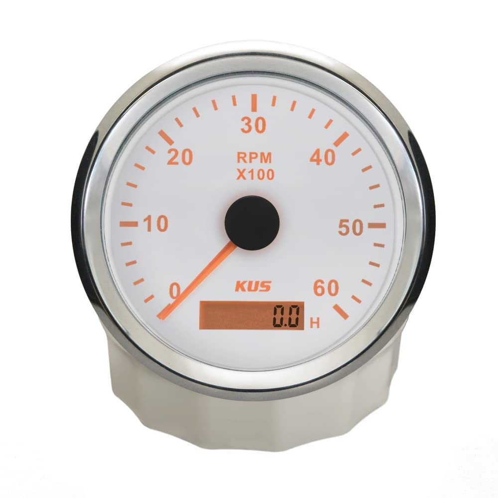 KUS Drehzahlmesser Drehzahlmesser mit Betriebsstundenzähler 6000RPM 85 mm 12V/24V mit Hintergrundbeleuchtung (weiß)