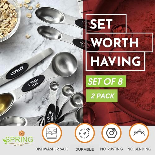 Image of Spring Chef Stainless Steel 8 Magnetic Measuring Spoons Set, 2 Pack, Black