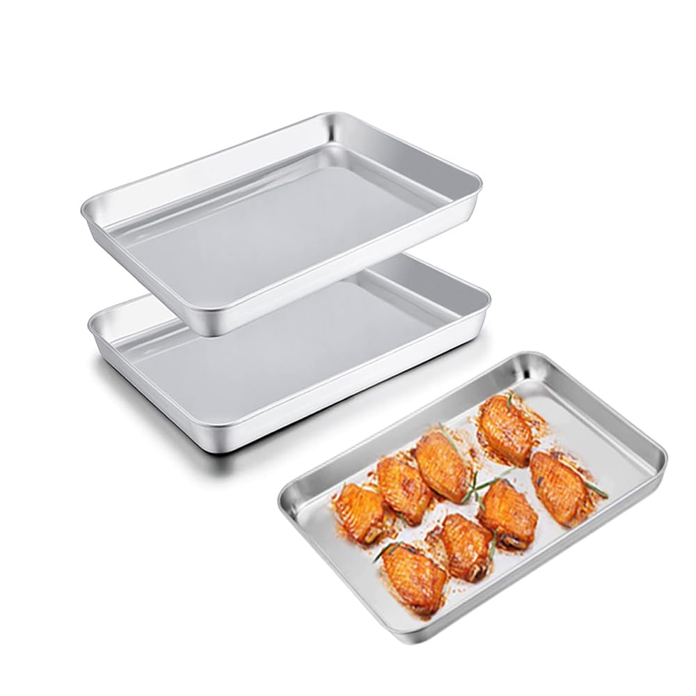 Azonee Toaster Oven Pans, 9.3'' x 7'' x 1'' Stainless Steel Compact Toaster Oven Tray Ovenware, Heavy Duty & Rust Free, Superior Mirror Finish Easy Clean, Dishwasher Safe-2 PCS