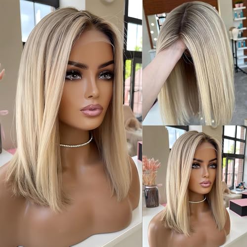 Perruque Bob Coupée Nette 180% de Densité - Couleur Blonde Vanille Crème Balayage - Perruque en Cheveux Humains - Cap en Dentelle Respirante 13x4 Amélioré...