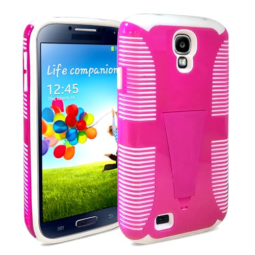 NEM Shockproof Case Compatible with Samsung Galaxy S4 with Built-in Kickstand Protective Cover (Pink White)