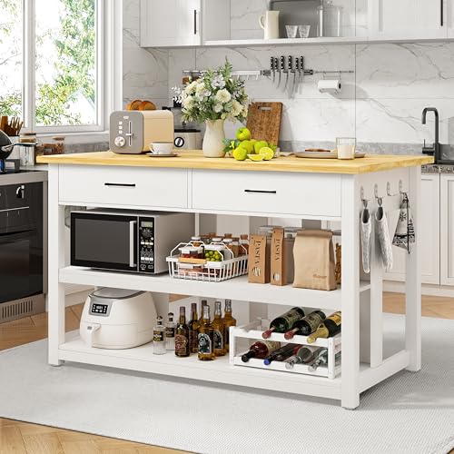 DynJest 47.3' Solid Rubberwood Kitchen Island with Power Outlets - Extra Large Work Surface, 2 Drawers & Open Shelves Storage Cabinet for Kitchen Dining Room, Farmhouse Style (White)